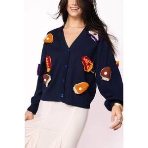 NEW QUEEN OF SPARKLES knit pies on plate long sleeve cardigan in navy
